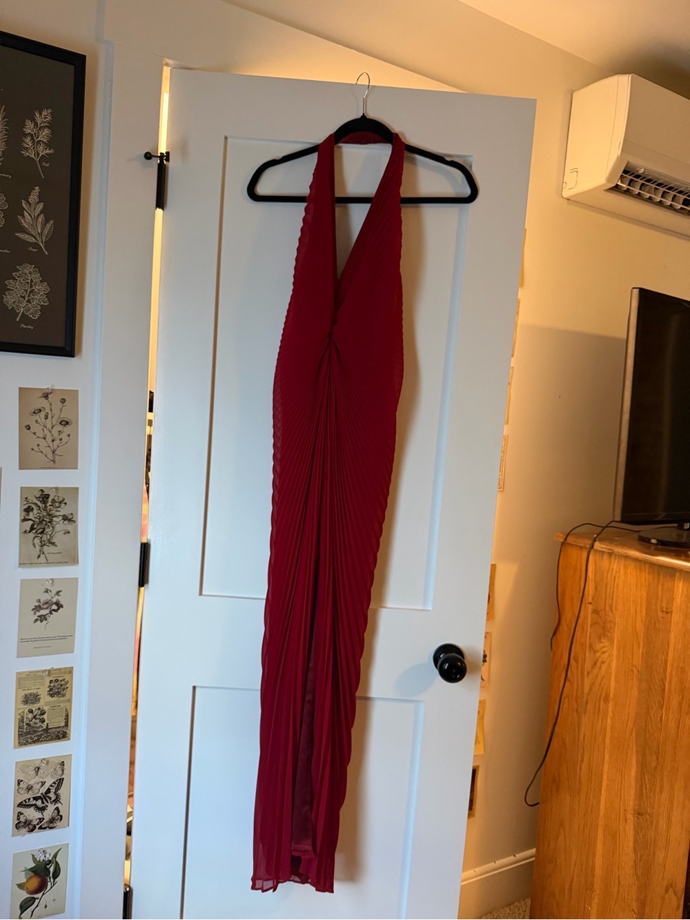 Carmen Marc Valvo Red Halter Pleated Maxi Dress